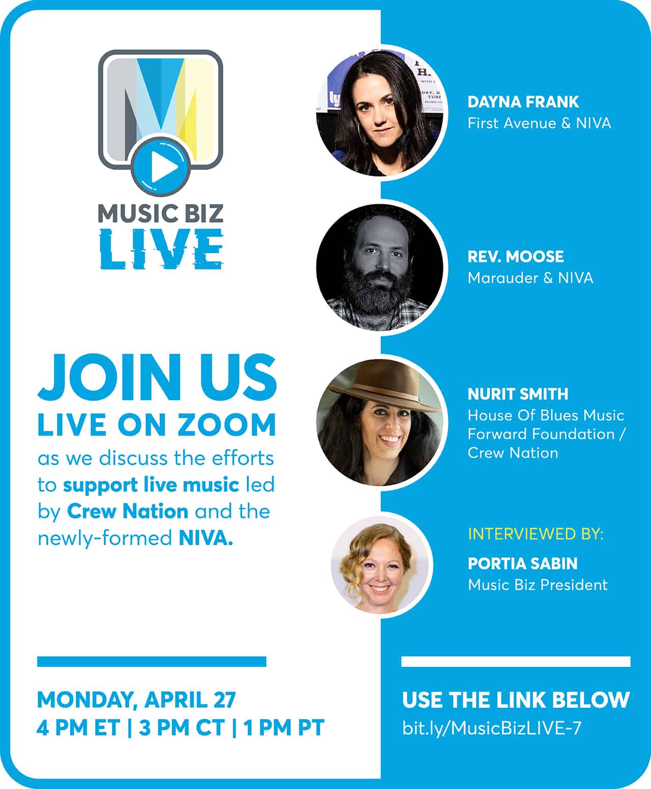 Music Biz Live virtual event promoting support for live music through Crew Nation and NIVA, featuring industry speakers and interviews, streamed via Zoom for music industry professionals and enthusiasts.