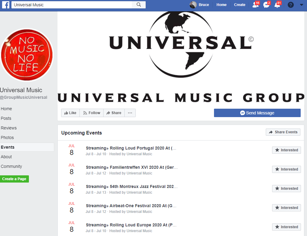 No music no life badge sticker with red background, Universal Music Group logo featuring globe design, music industry branding, digital music events, streaming festivals, virtual concerts, music promotion, social media music page relevance.