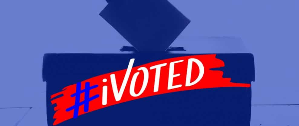 I voted sticker with hashtag vote text on a ballot box, election voting, democratic participation, political engagement, civic duty illustration.