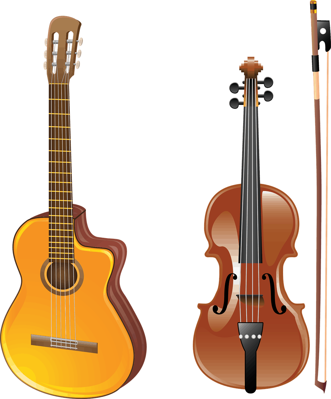 Acoustic guitar and violin with bow on brown background for music或者musical instruments for performing arts.