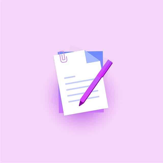 A digital illustration of a purple pen writing on a piece of paper, with a purple paperclip attaching the paper to a notebook, on a light purple background, representing content creation and note-taking for music and media professionals.