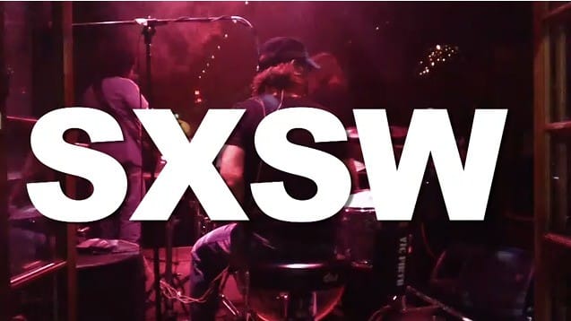 A vibrant SXSW music scene featuring live performance with musicians on stage in a lively, colorful atmosphere.