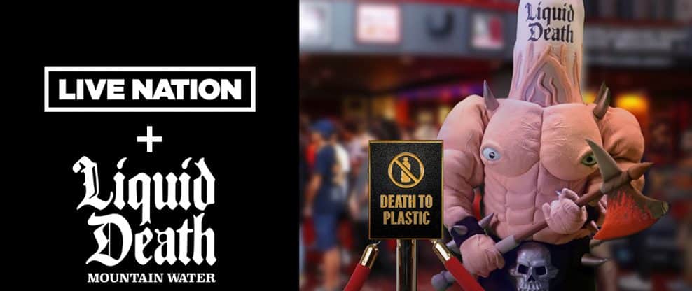 Liquid Death mascot costume at a concert or event, promoting sustainability and eco-friendly messaging.