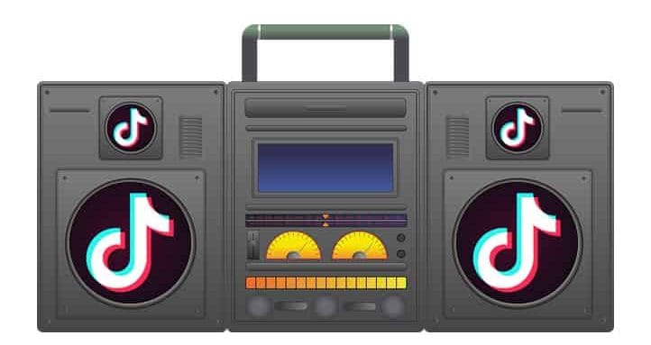 High-quality digital illustration of a DJ-style boombox with TikTok logos on speakers, representing music streaming, social media, and digital entertainment trends.