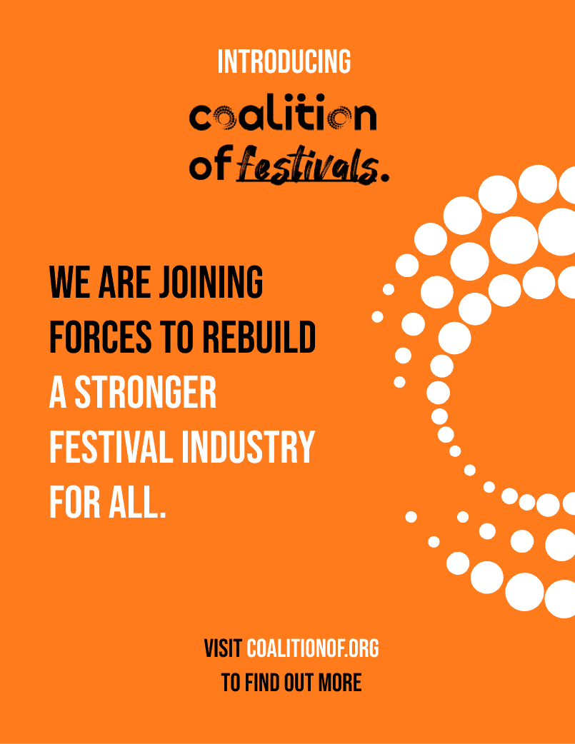 Coalition of festivals announcement promoting stronger festival industry collaboration and rebuilding efforts in the event management sector, bold orange background with circular graphic design.