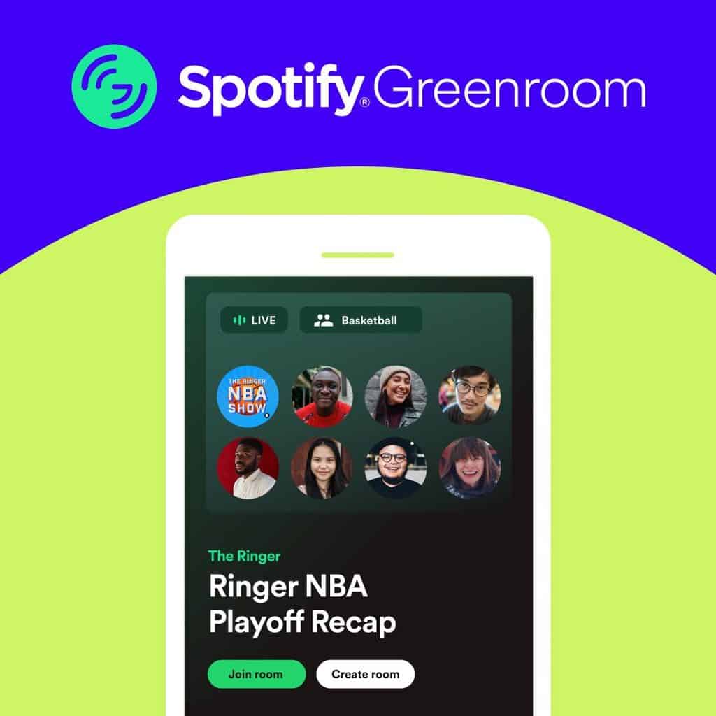 Ringer NBA Playoff Recap on Spotify Greenroom app showcasing live sports discussion and fan engagement for basketball enthusiasts.