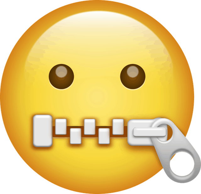 Emoji with a zipper mouth representing silence or censorship, on a yellow background.