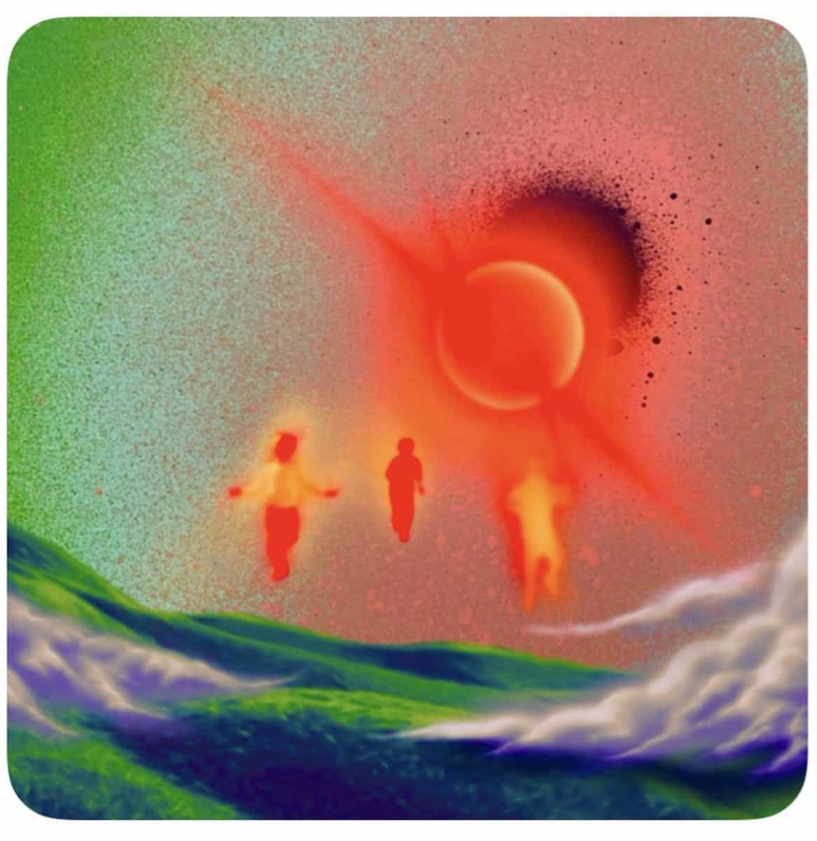 Vivid surreal artwork of three silhouetted figures floating above a colorful landscape with a cosmic background featuring a large planetary body and an abstract red glowing phenomenon, inspired by digital art trends.