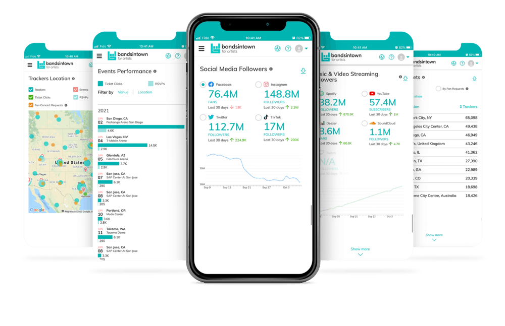 Bandsintown music event analytics mobile app interface for artists and performers.