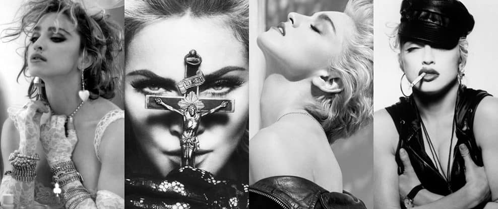 Fashion-forward-black-and-white-portrait-of-four-women-showcasing-modern-celebrity-style-and-trendy-makeup-at-photoshoot.