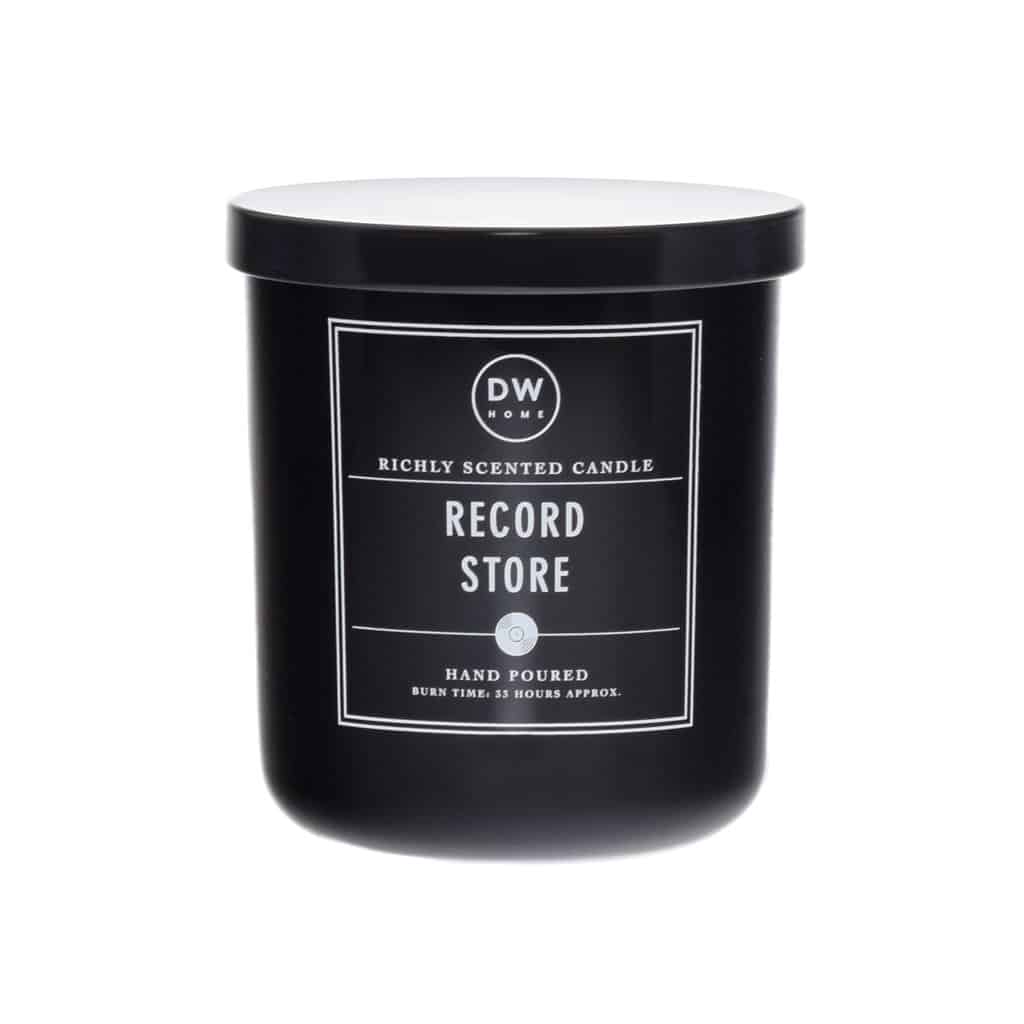 Black scented candle with white label featuring "Record Store" branding and "DW Home" logo, ideal for music lovers and home decor enthusiasts.