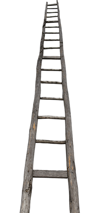 Old wooden ladder extending upward on a plain background, symbolizing progress or growth.