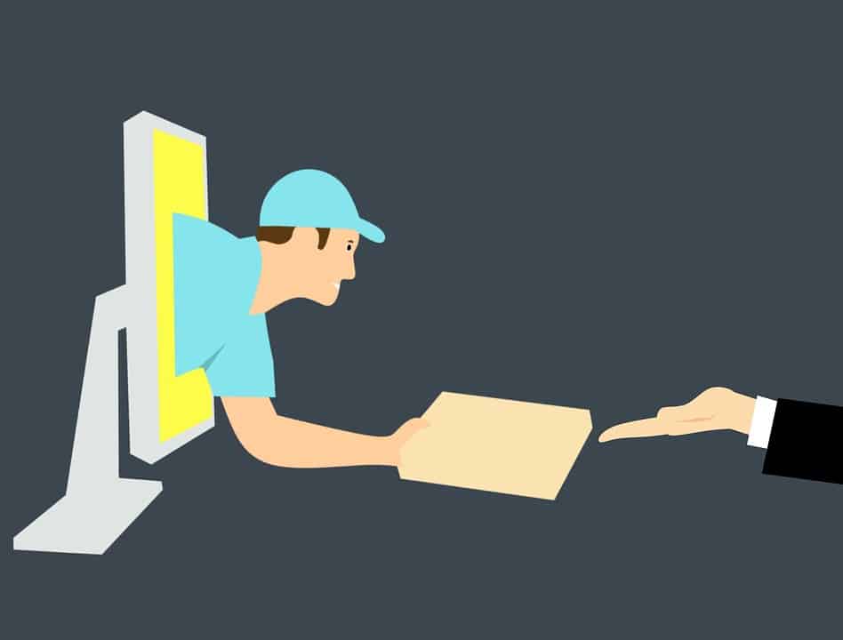 Delivery person emerging from a computer screen handing over a package, representing online services and digital delivery in the music industry, promoting modern music distribution and artist support.