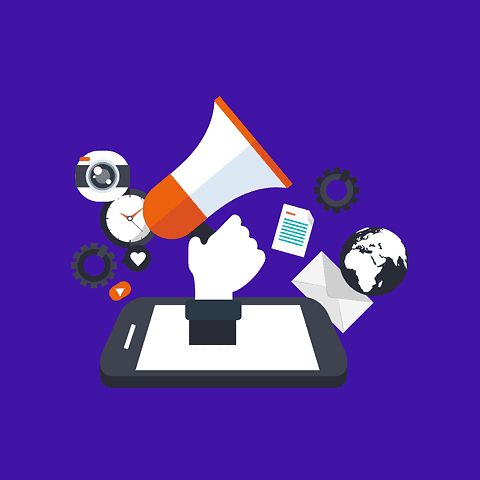 Digital marketing and media promotion concept with a megaphone emerging from a smartphone, surrounded by icons of a camera, gears, a globe, and social media elements for music industry advertising and promotion.