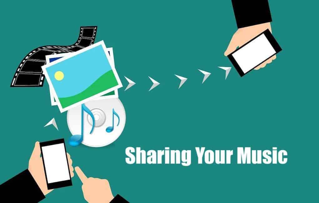 Digital music sharing concept with smartphones, photos, and music icons; represents the ease of sharing music via mobile devices.
