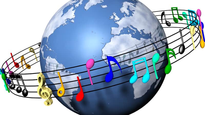 Colorful musical notes wrapped around a 3D globe representing global music industry and online music platforms.