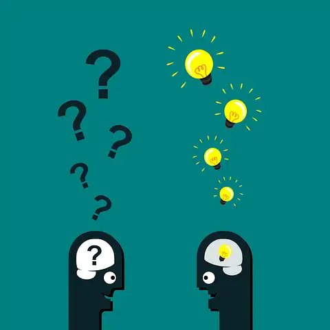 Innovative idea generation concept with illuminated light bulbs and question marks representing creativity and brainstorming.