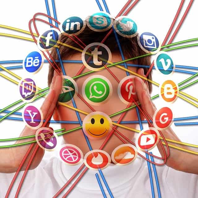 LinkedIn, Facebook, Twitter, Instagram, YouTube, and other social media icons interconnected with colorful lines illustrating social media networking and digital marketing concepts.