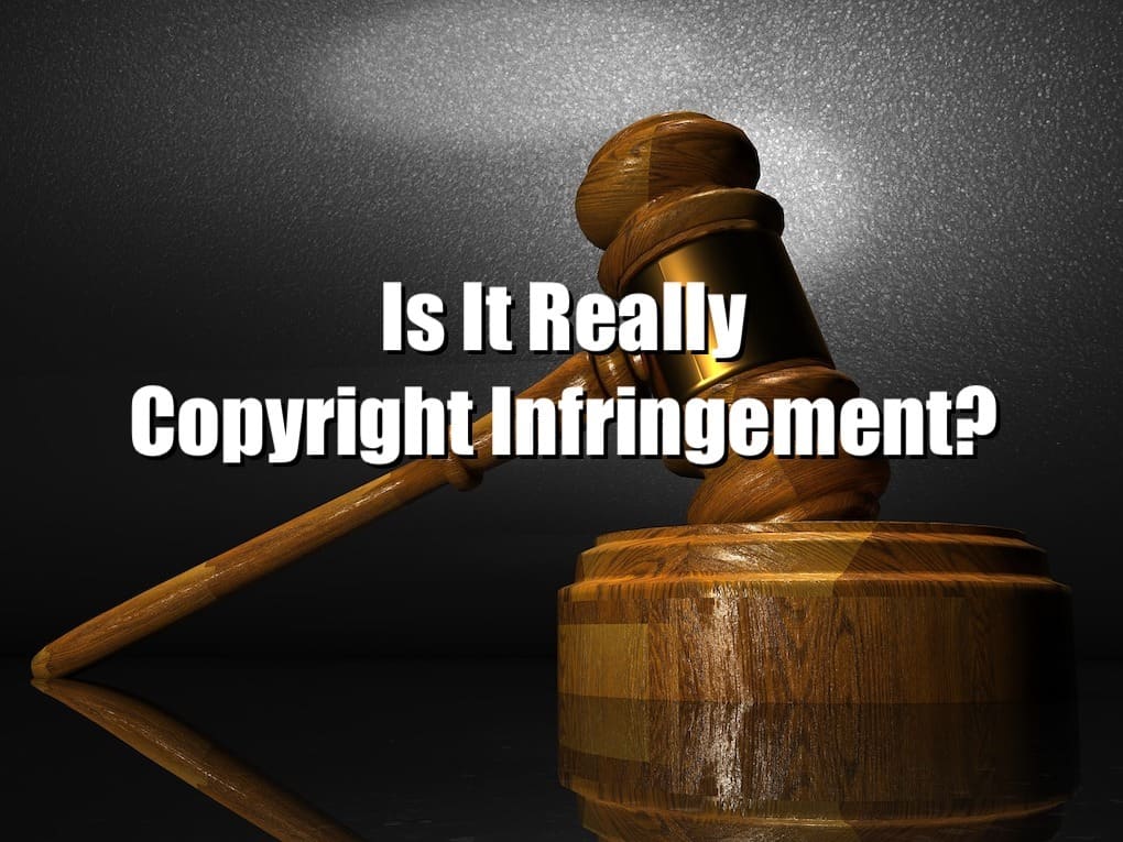 Gavel and sound block symbolizing copyright legal issues and infringement questions with bold text overlay.