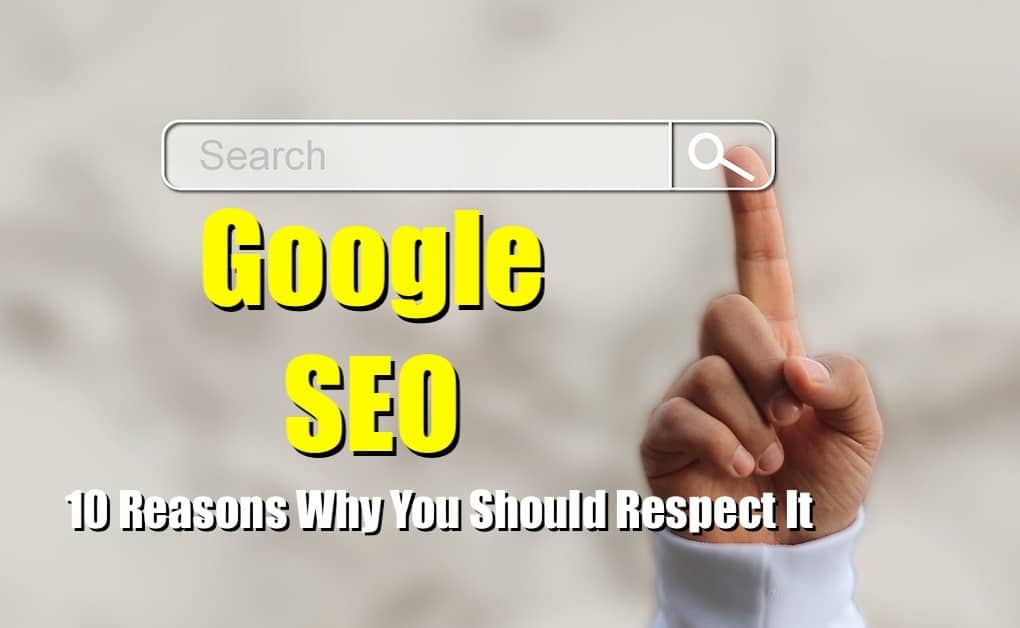 Google seo search bar with a finger pointing at it, representing digital marketing, SEO optimization, and online visibility.
