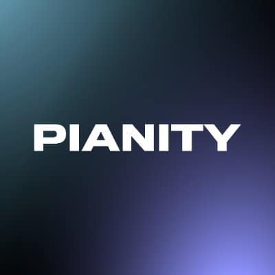 Pianity logo on dark gradient background, representing digital music and NFT platform for music collectibles and artist engagement.