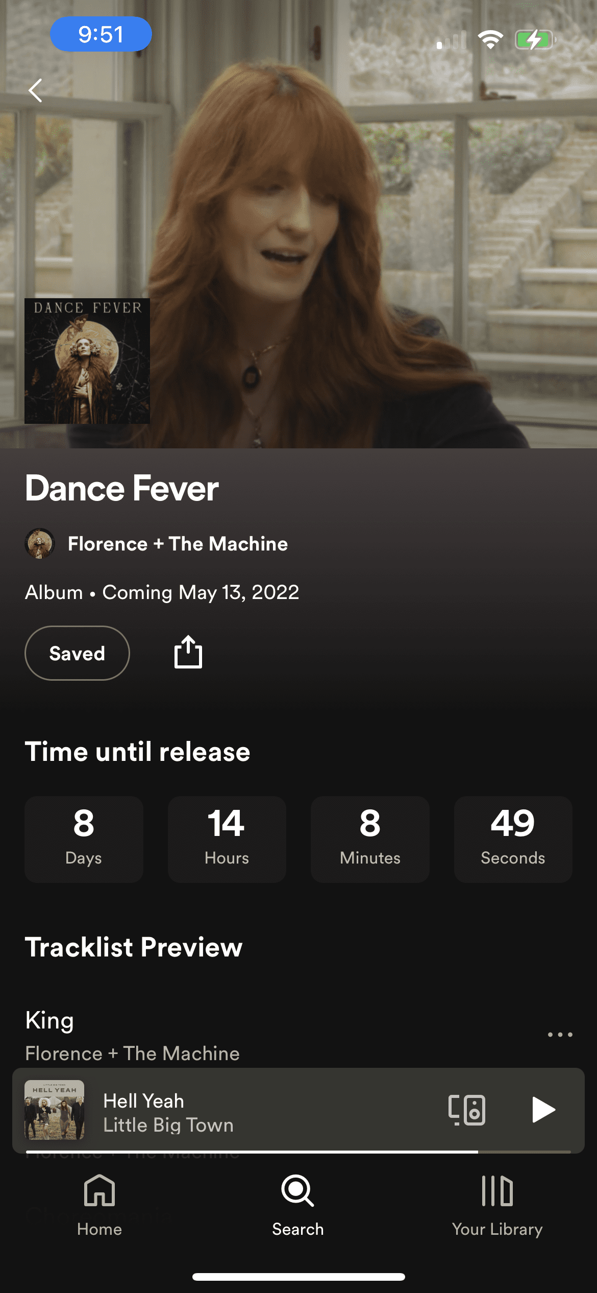 Dance Fever album cover featuring Florence + The Machine with a woman singing in a cozy indoor setting.