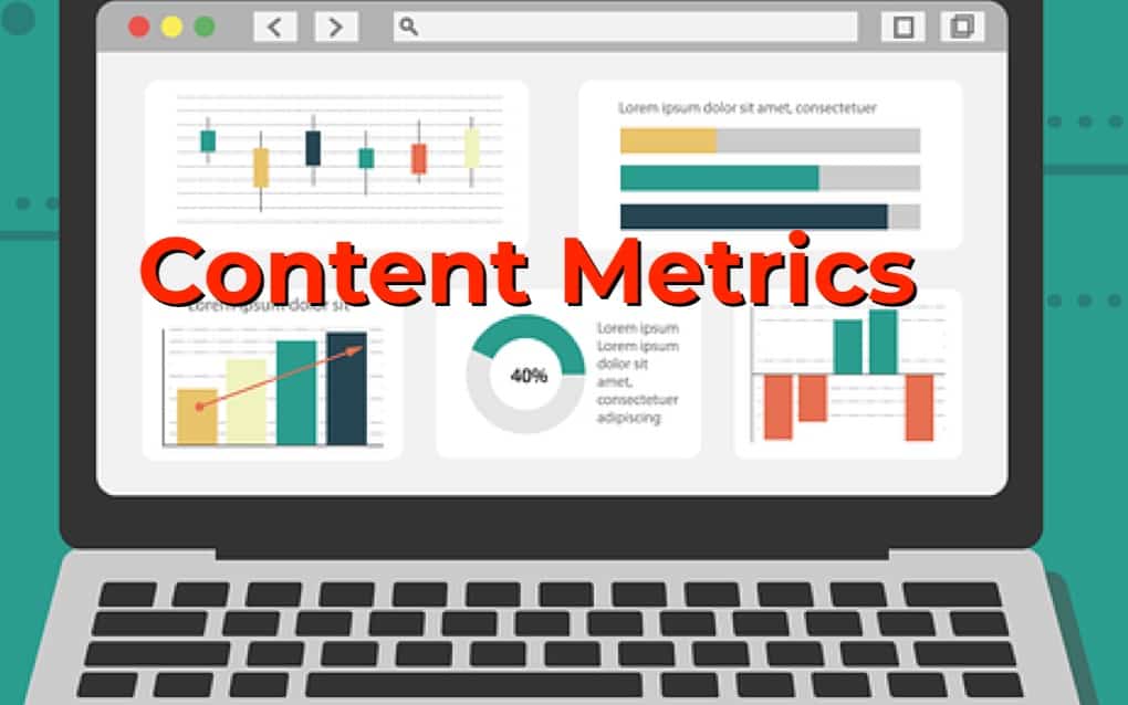 Infographic showing content metrics and data analysis on a laptop screen for digital marketing and content performance.