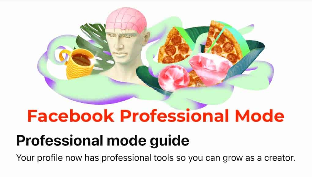 Unicorn head with pink hair, surrounded by pizza slices, ice cream, coffee, and tropical leaves, illustrating creative visual content for social media marketing and digital engagement on Hypebot.