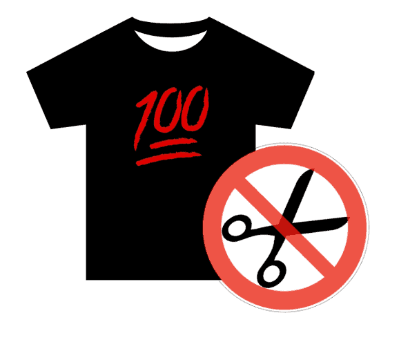 "Black T-shirt with red '100' emoji and a no scissors icon, indicating no cutting or editing allowed".