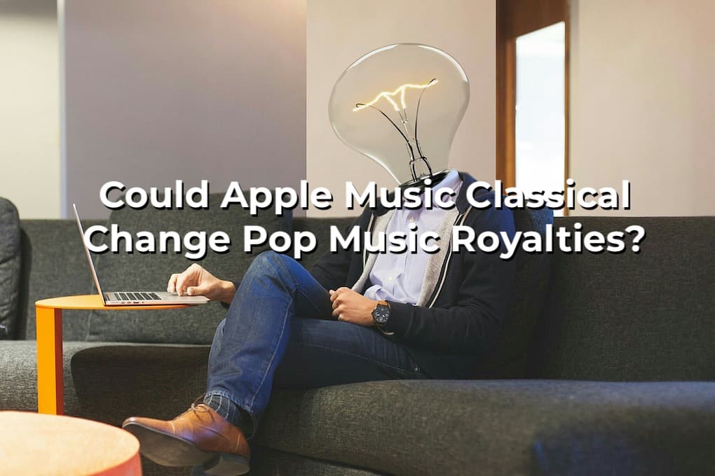 Lightbulb-headed person using a laptop on sofa, representing music industry innovation and royalties, illustrating the impact of Apple Music and pop music royalties.