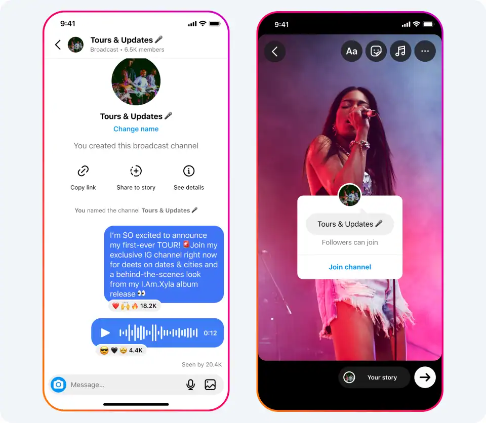 Tours & Updates Facebook broadcast channel promotion with interactive chat and story features for music and artist updates.