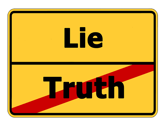 Deceptive yellow road sign with "Lie" above a red diagonal line and "Truth" crossed out, symbolizing misinformation versus honesty, designed to raise awareness about truth in media and communication.