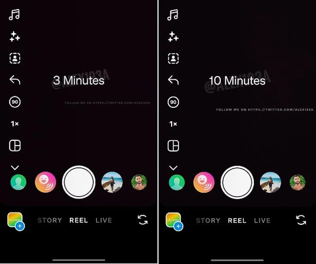 Screenshot of Instagram camera interface showing the Reels timer set for 3 minutes on the left and 10 minutes on the right, highlighting social media video editing features.