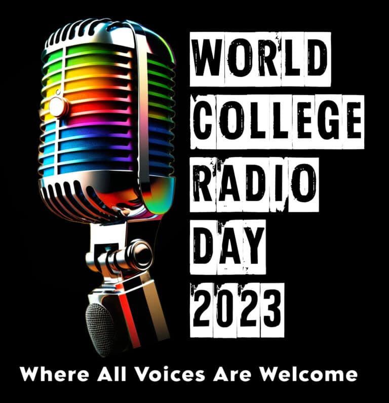 Colorful vintage microphone for World College Radio Day 2023, celebrating student radio and diverse voices in broadcasting.
