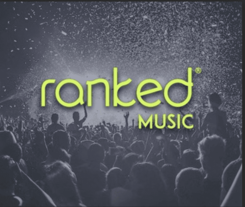 Ranked music concert crowd with concert lighting and confetti background.