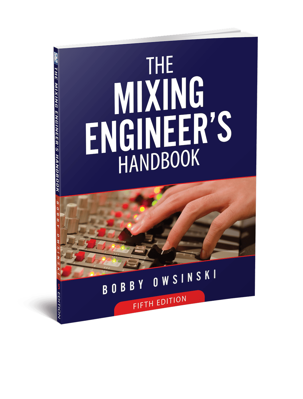 Audio mixing manual book cover with fader controls and hand adjusting sound levels for music production and audio engineering.