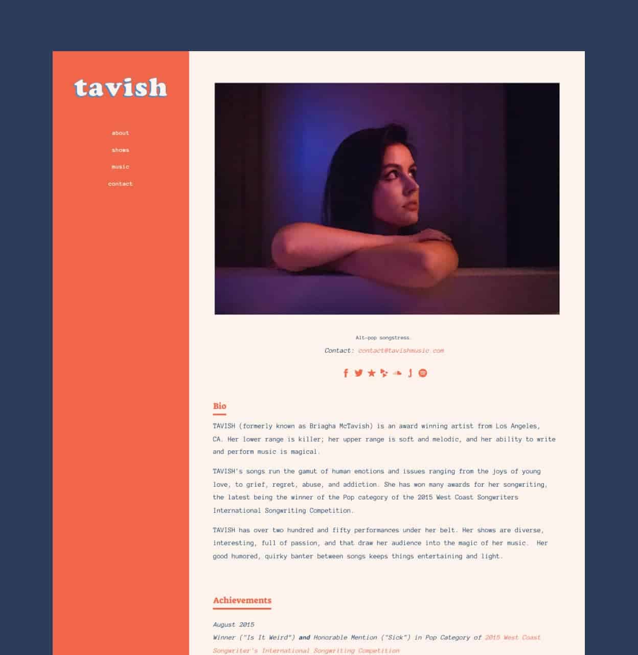 Tavish artist music singer songwriter Los Angeles award-winning performer alt-pop music artist bio.