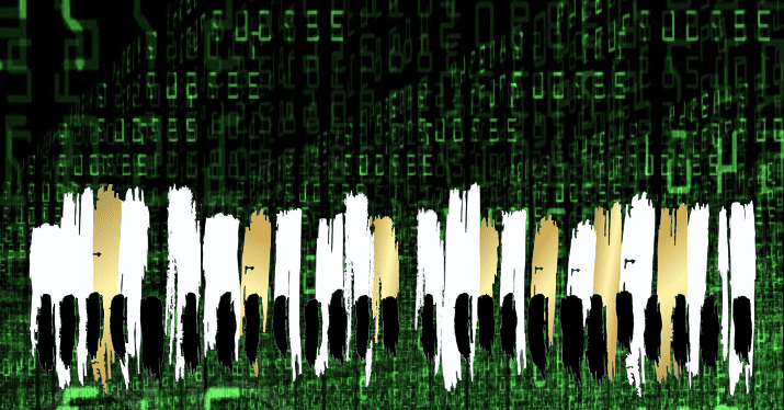 Barcode with digital green matrix background representing music industry data and analytics, technology, digital transformation, music business trends, Hypebot branding.