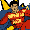 Superman and Batman celebrating Superfan Week with vibrant comic-style illustration.