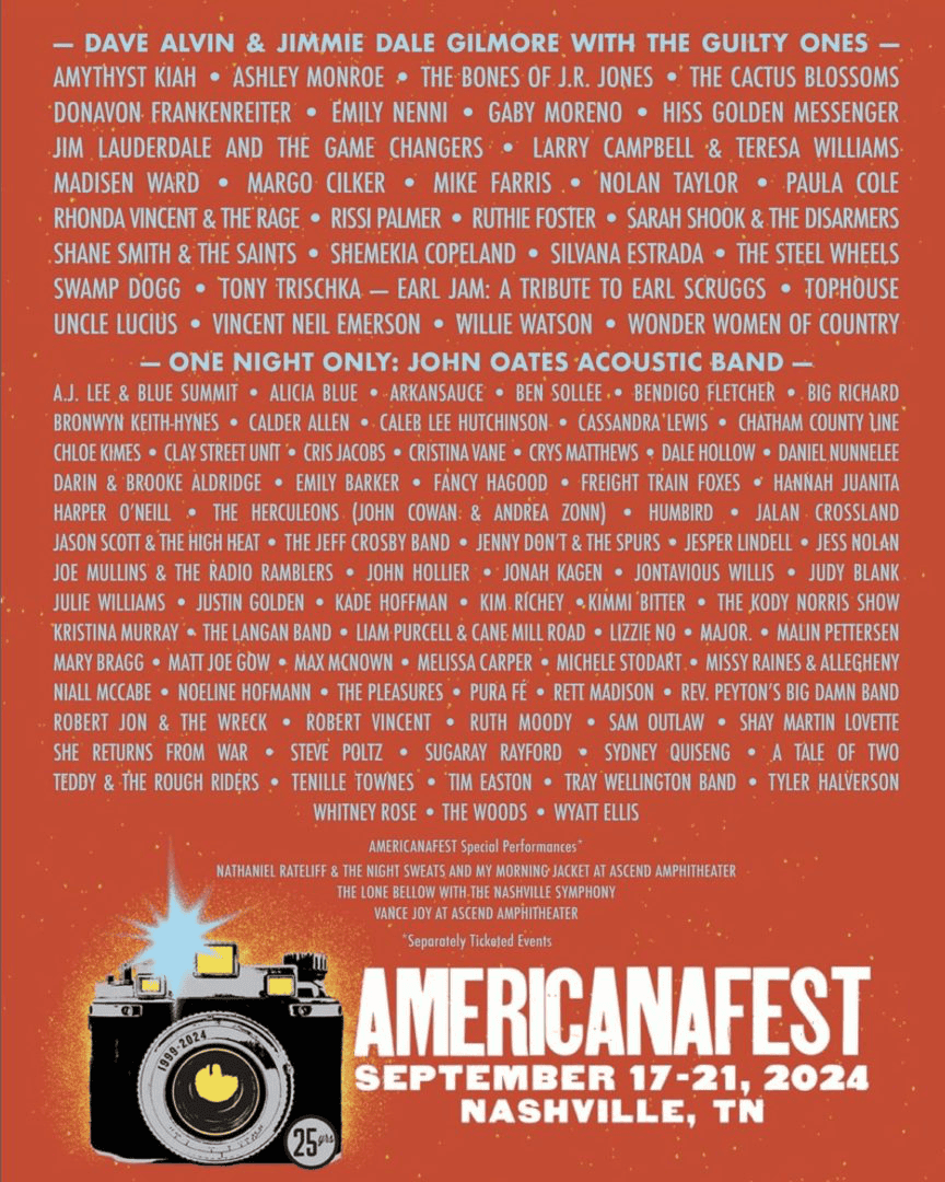 A promotional poster for AmericanaFest 2024 showcasing music performances, artist lineups, and event details in Nashville, Tennessee, emphasizing live music, country artists, and music festivals.