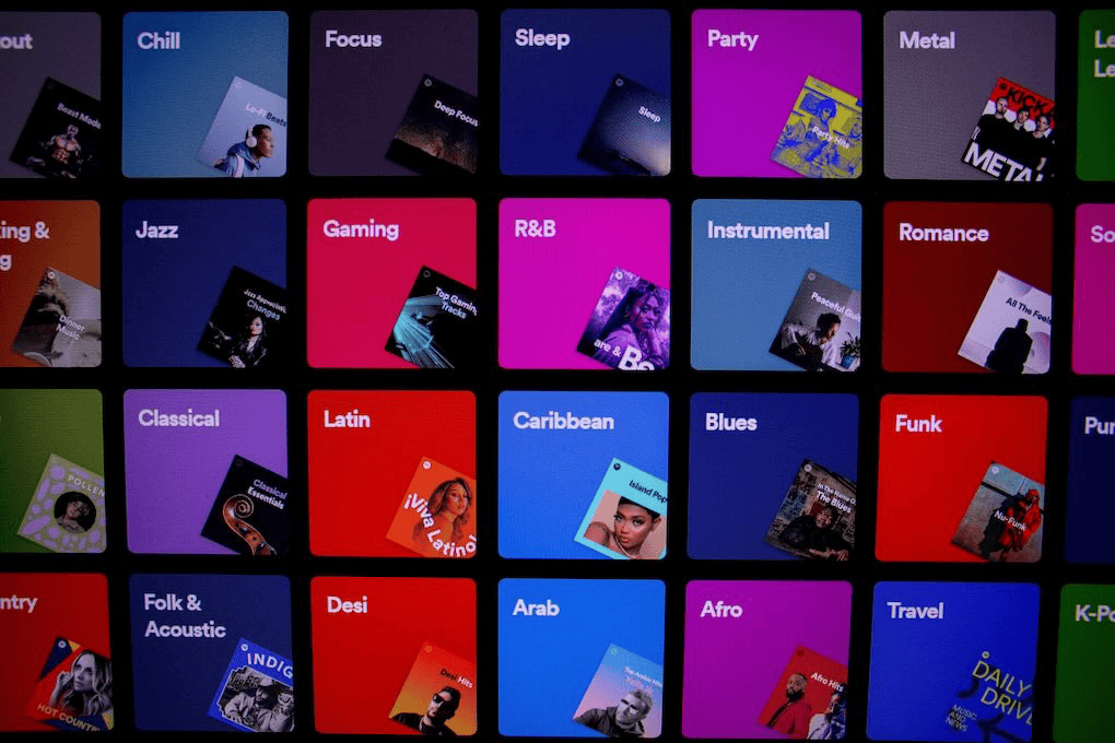 New music genres playlist images for different moods and styles at Hypebot, including Chill, Focus, Sleep, Party, Metal, Jazz, Gaming, R&B, Instrumental, Romance, Classical, Latin, Caribbean, Blues, Funk, and more for music industry insights.