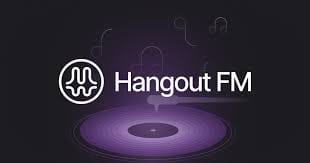 Hangout fm logo on dark purple background with sound waves and record player graphic.