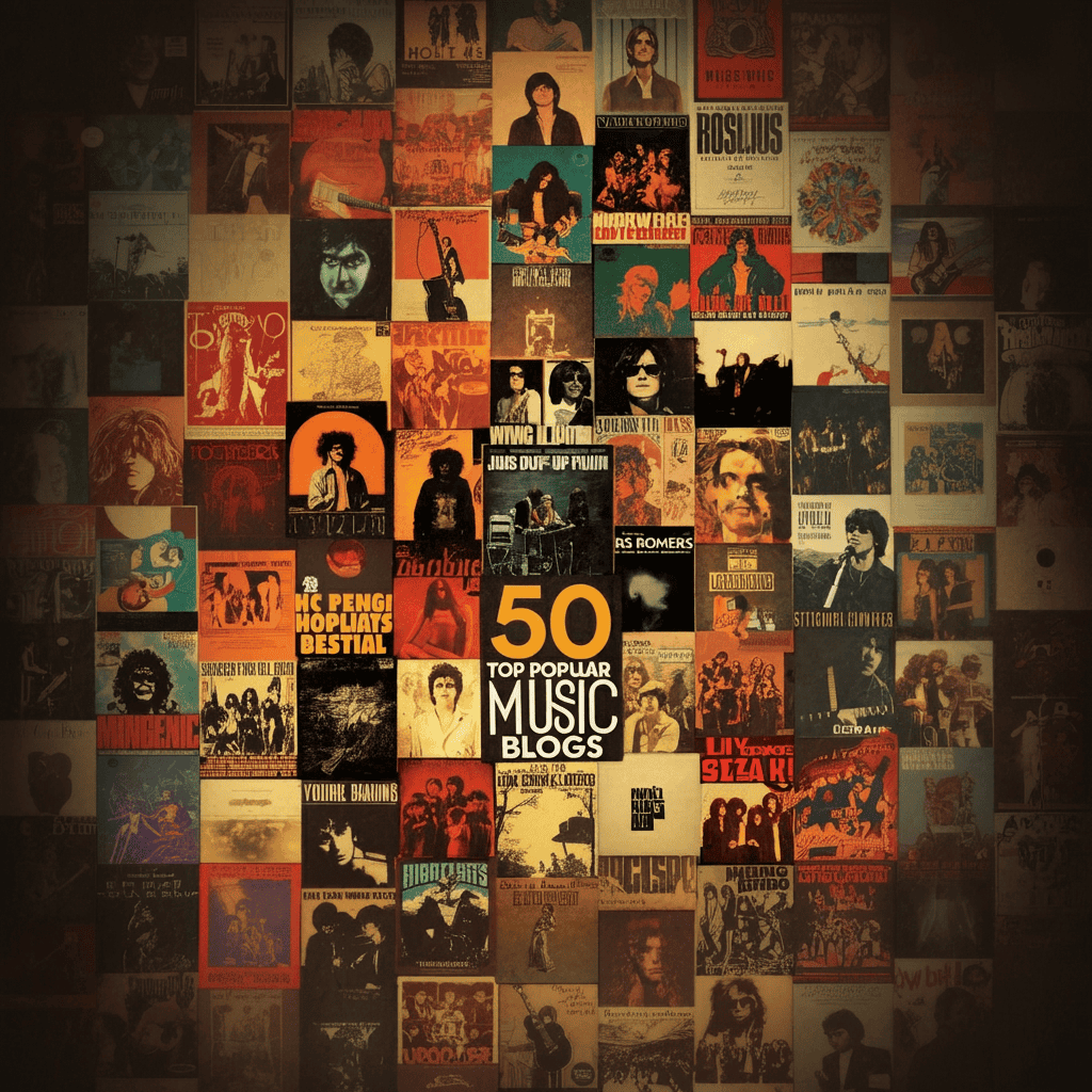 Vintage music album covers collage celebrating the top 50 popular music blogs, showcasing iconic artists and album artwork with a nostalgic aesthetic.