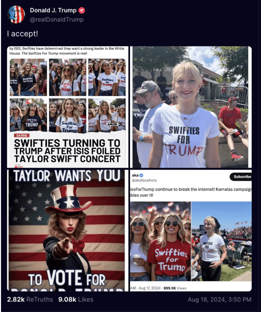 Swifties supporting Donald Trump at Taylor Swift concert protest, advocating for Trump, wearing themed t-shirts and patriotic accessories, amid political activism and celebrity culture.