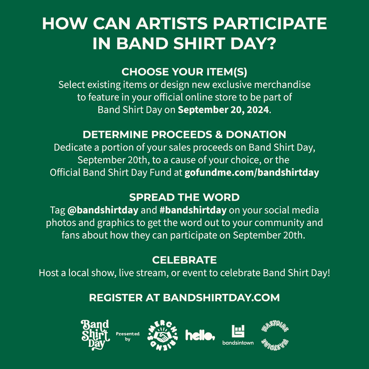 Band shirt day event poster promoting participation and donations for music charity, encouraging artists and fans to celebrate band shirt day on September 20, 2024.