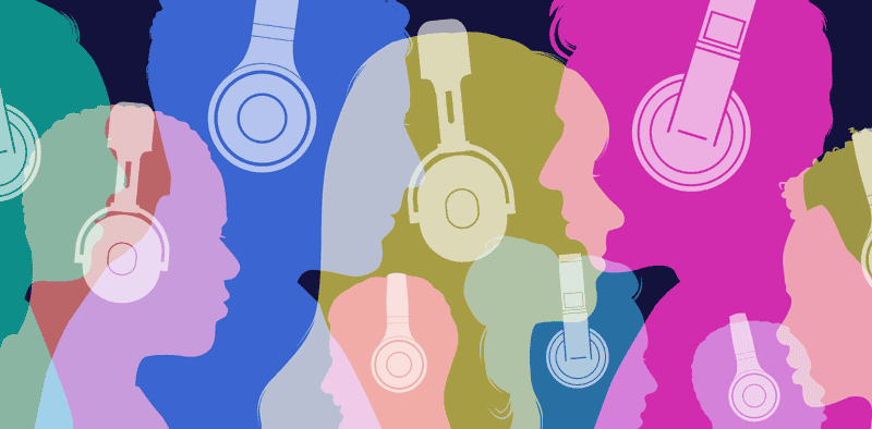 Headphone silhouettes overlapping in vibrant colors representing music industry engagement and digital media trends.