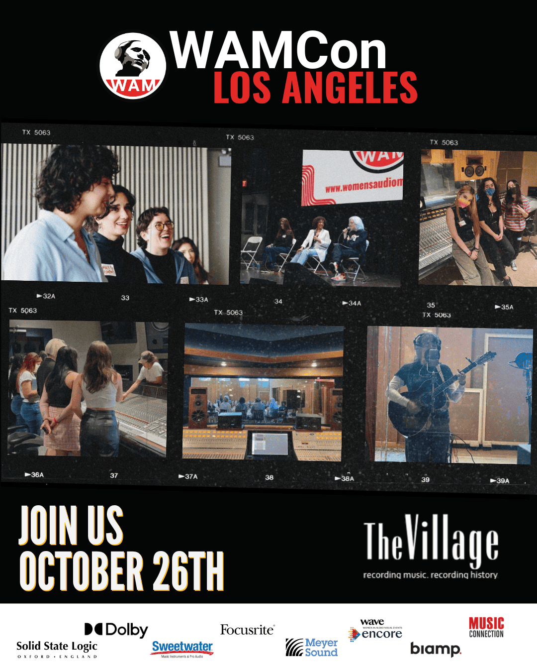 WAMCon Los Angeles music conference event at The Village recording studio with panel discussions, artist performances, and attendees engaging in music industry networking.