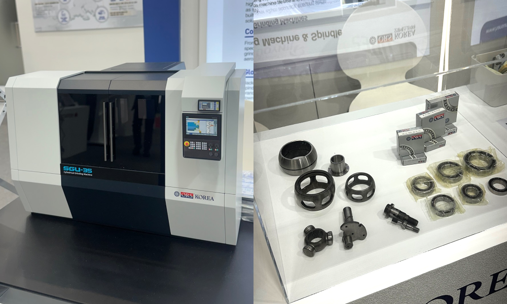 3D model of a cylindrical grinding machine (left), machinable components and bearings (right) | 원통연삭기 3D 모델링(좌) , 가공가능한 부품 및 베어링(우) ⓒ ORSKOREA 오알에스코리아