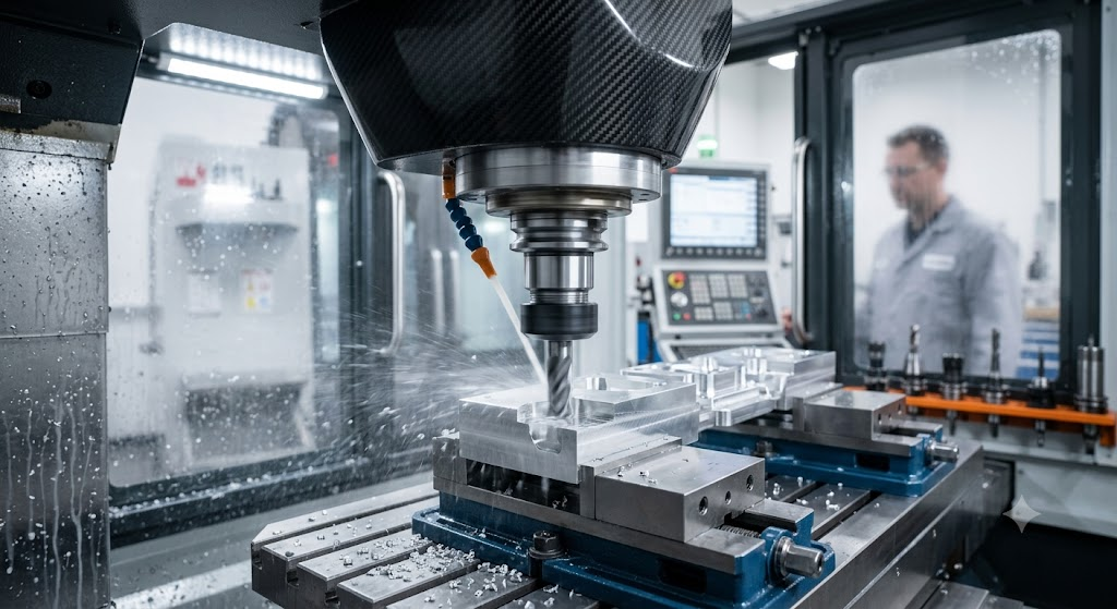 CNC 장비 내 밀링 스핀들 가공 모습(AI 생성 이미지) | CNC machine, milling spindle operation (AI-Generated Image) ⓒ Gemini