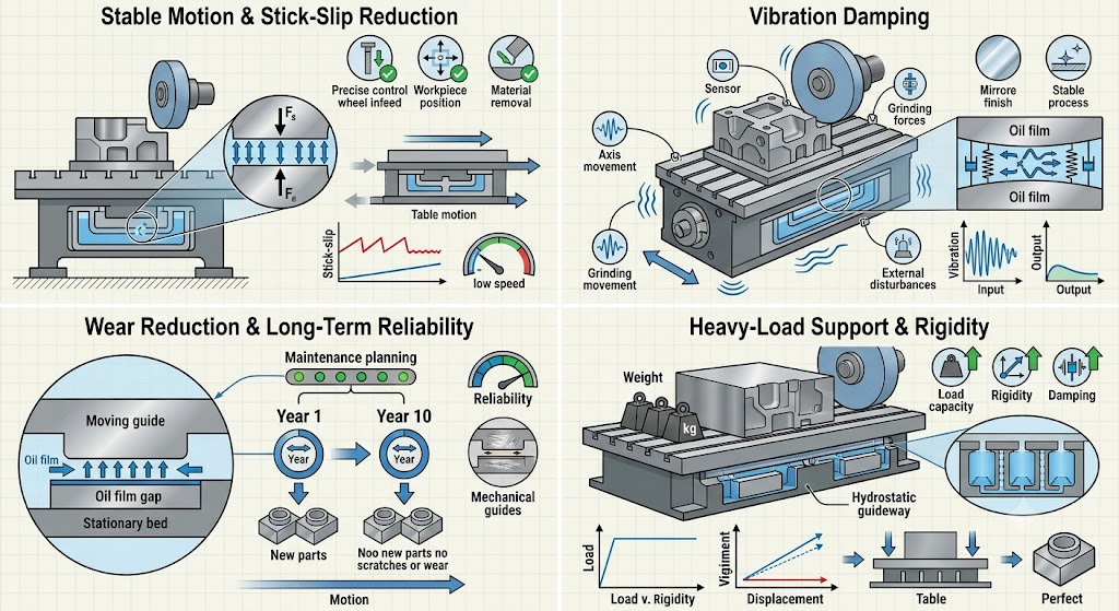 Hydrostatic guideway key advantages diagram โ Gemini (AI-Generated Image)